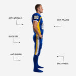 Back view of custom American football uniform in royal blue and gold showing back number and nameplate area above back number on matching pants