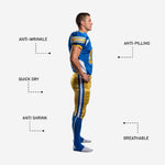 Close detail of custom football uniform showing gold and white V-neck collar trim, three-stripe sleeve band, and gold front number with white outline on royal blue jersey