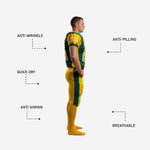 Personalized American football uniform back view showing back number, nameplate area, green jersey, and green pant stripe on gold pants