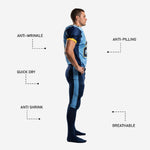 Full back view of custom American football uniform package in light blue and navy with sublimated gold cuff trim detail
