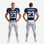 American football uniform packages size and spec reference sheet - youth through adult size run for navy and white sublimated jersey and pant set