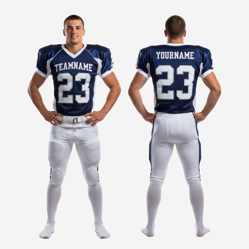 American football uniform packages size and spec reference sheet - youth through adult size run for navy and white sublimated jersey and pant set