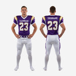 Custom purple and white American football uniform size and specification sheet showing youth through adult sizing for full roster orders