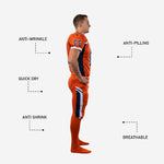 Back view of orange and navy custom football uniform sets showing back number placement on upper jersey and full-length orange football pants with side panel detail