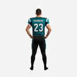 Back view of custom football uniform sets in teal and black with back number and player nameplate area above the number on the sublimated jersey