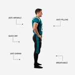 Close detail of sublimated teal side stripe on black football pants showing color bonded into 100 percent polyester fabric with no cracking or peeling