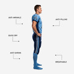 Back view of custom American football uniform showing back number placement, nameplate area, navy shoulder panels, and full-length navy sublimated football pants