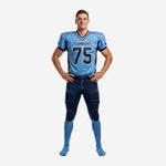 Custom football uniforms for youth teams in light blue and navy with V-neck jersey, team name, front and back numbers, and full-length navy pants with side stripe - front and back view