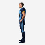 Opposite side view of breathable American football uniform with navy shoulder panel and matching navy football pant