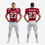 Size and specification sheet for custom American football uniforms in red and white covering youth and adult sizing