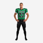 Custom football uniforms with logo in kelly green and black showing team name on chest and number 23 front and back, full set front and back view