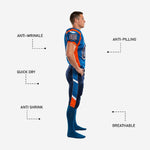 Custom youth American football uniform back detail showing sublimated back number, player nameplate, and matching navy pant waistband with D-ring clasp