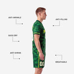 Custom green camo soccer kit shorts detail with elastic waistband drawcord and neon yellow outer leg stripes