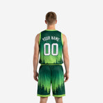 Back view of forest green basketball uniform showing white player name and back number on dark green upper jersey