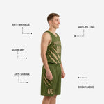 Back view of custom forest green basketball jersey showing player name and number placement on army green sublimated fabric