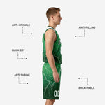 Back view of custom forest green basketball uniforms showing back number and name zone with continuous white lightning pattern on green sublimated fabric
