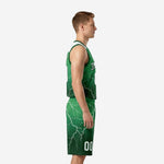 Custom forest green basketball uniform set showing matching jersey and shorts with full-sublimation white lightning bolt design, front and back view