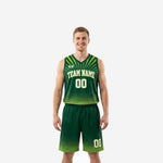 Custom forest green basketball uniforms two-piece set front and back view with lime green starburst and halftone fade design, white team name and numbers