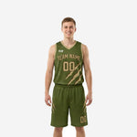 Custom forest green basketball uniforms with tan-gold claw-mark graphic, arced team name, and matching shorts - full set front view