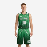 Custom forest green basketball uniforms with white lightning pattern, team name arced across chest and front number 00, adult male model front view
