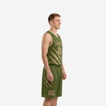 Forest green custom basketball uniform front view showing V-neck jersey with diagonal claw-mark design and gold team name and number