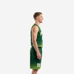 Front view of custom forest green and lime green sublimated basketball jersey and shorts with arched team name and number 00 on chest