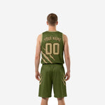 Opposite side view of green and gold sublimated basketball uniform set showing athletic cut jersey and matching drawcord shorts