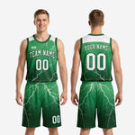 Size and specification chart for custom forest green basketball uniform sets in youth and adult sizing