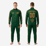 Custom forest green and old gold mens soccer tracksuit set back view showing back name and number print zones on full-zip jacket
