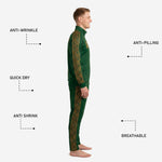 Custom forest green soccer tracksuit pants detail showing old gold geometric triangle stripe sublimated down the full length of the pant leg