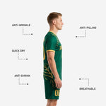 Forest green custom soccer kit back view with player number zone and gold accent leaf design
