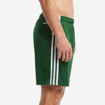 Forest green soccer shorts side view showing 3 white side stripes running full leg length, elastic waistband, straight hem