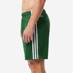 Custom forest green and white soccer shorts right side panel view with white triple stripe contrast trim detail