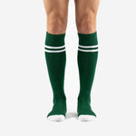 Custom Forest Green soccer socks with double white contrast bands, front view, over the calf length