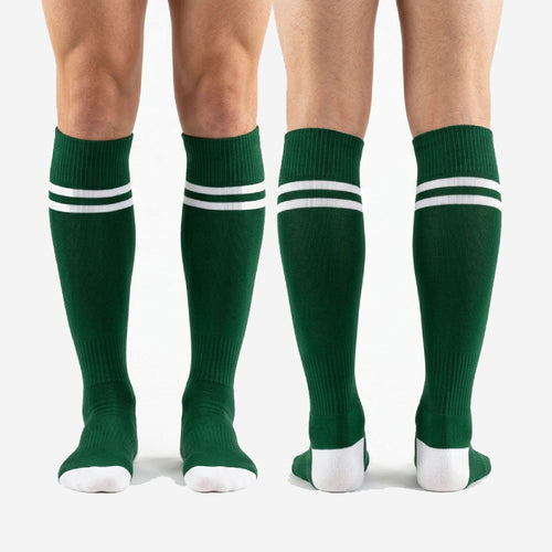 Full-length over-the-calf green soccer socks with white contrast bands, custom team soccer socks