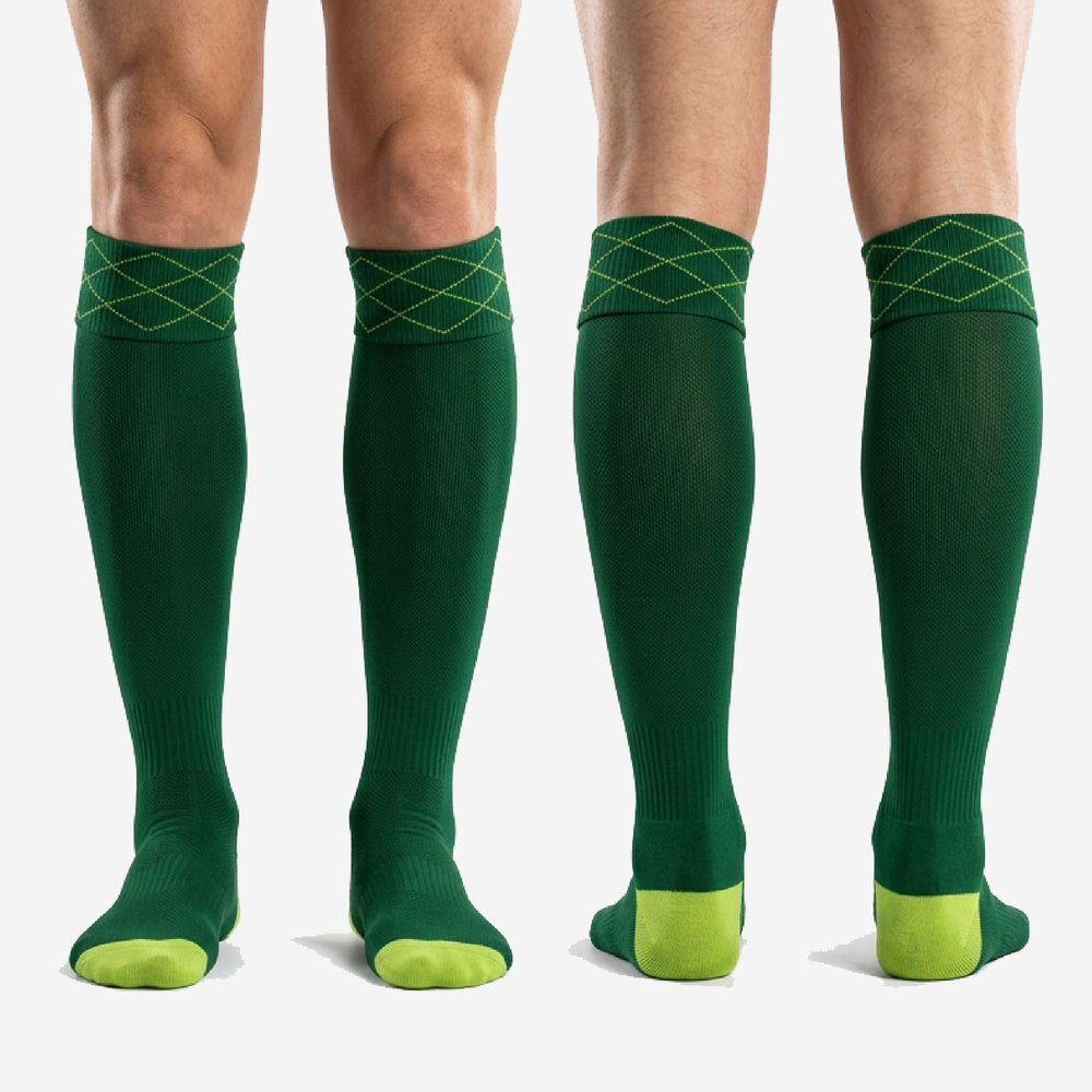 Custom Forest Green Soccer Socks in Lime - Ribbed Cuff