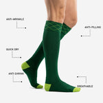 Lime green heel and toe contrast panels on custom forest green over-the-calf soccer socks