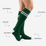 Custom green soccer socks ribbed elastic cuff band close-up, made to order for club and school teams