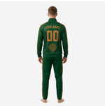 Custom soccer warm up suit jacket detail in forest green with old gold geometric sublimated stripe and stand collar full-zip front closure