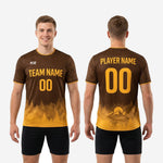 Botanical leaf outline sleeve print detail on Chocolate Brown custom full print training jersey for soccer squads