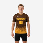 Custom full print training jersey in Chocolate Brown and Athletic Gold gradient, front view with team name and number on chest