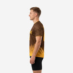 Men's custom full print training jersey right side view showing pine tree silhouette design and Athletic Gold sleeve cuff trim