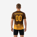 Custom full print training jersey back view displaying Chocolate Brown to Athletic Gold gradient and full-dye sublimation print