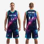 Full custom galaxy basketball uniform set displayed front-on with teal hem band and matching jersey and shorts