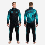 Full custom galaxy sublimated teal soccer tracksuit set including zip jacket and matching tapered pants
