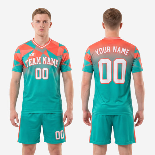 Full custom teal and coral soccer kit set from K2 Sportswear with sublimated geometric design