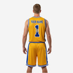 Detail view of Athletic Gold bball uniform with Royal Blue diagonal chest graphic