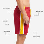 Custom gold soccer shorts straight hem with double-stitch finish in crimson and gold colorway