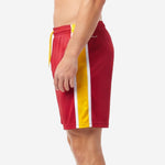 Custom gold soccer shorts right side view displaying gold and white contrast side panel and elastic waistband
