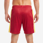 Custom gold soccer shorts crimson body with gold drawcord and wide elastic waistband close-up detail
